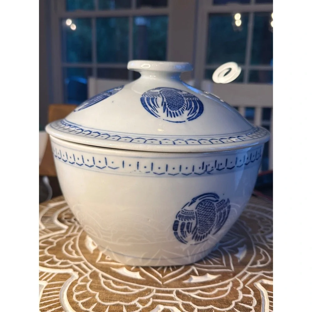 Vintage Blue and White Porcelain Crane Tureen Lidded Chinoiserie - 9in